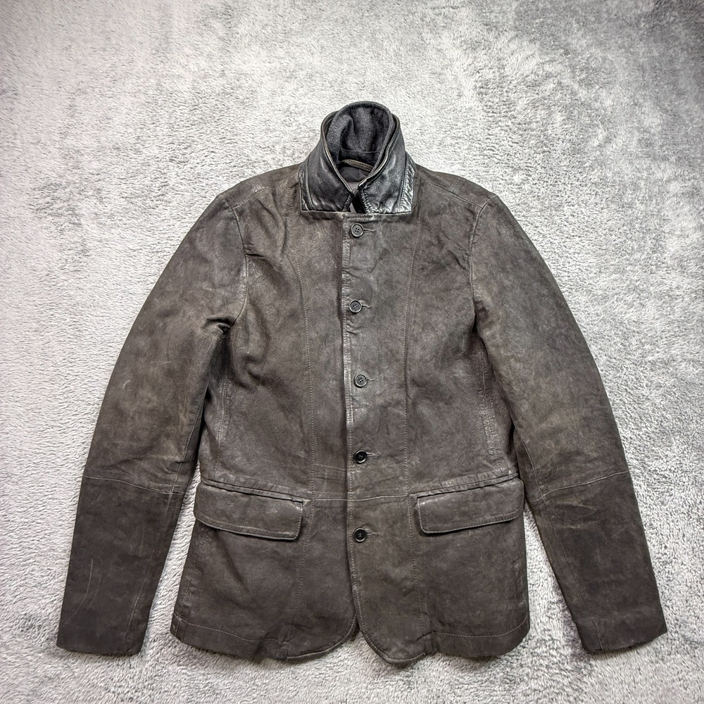 AllSaints Survey Leather Blazer Mens Medium Goat Suede Jacket Charcoal Gray Wool